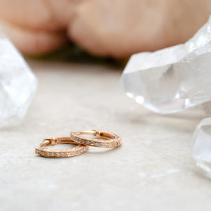 Tiny Hand Engraved Diamond Hoops in Rose