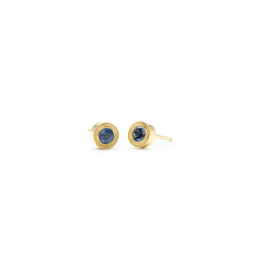 Gold Sapphire Triple Milgrain Studs