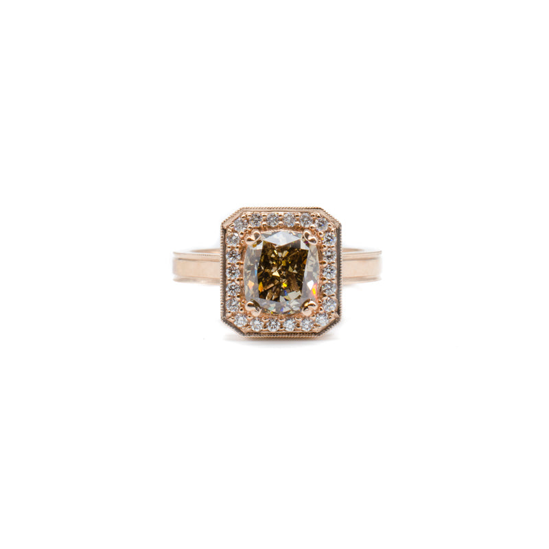 cognac cushion cut diamond ring in rose gold halo