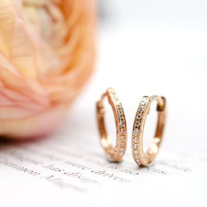 Tiny Hand Engraved Diamond Hoops in Rose